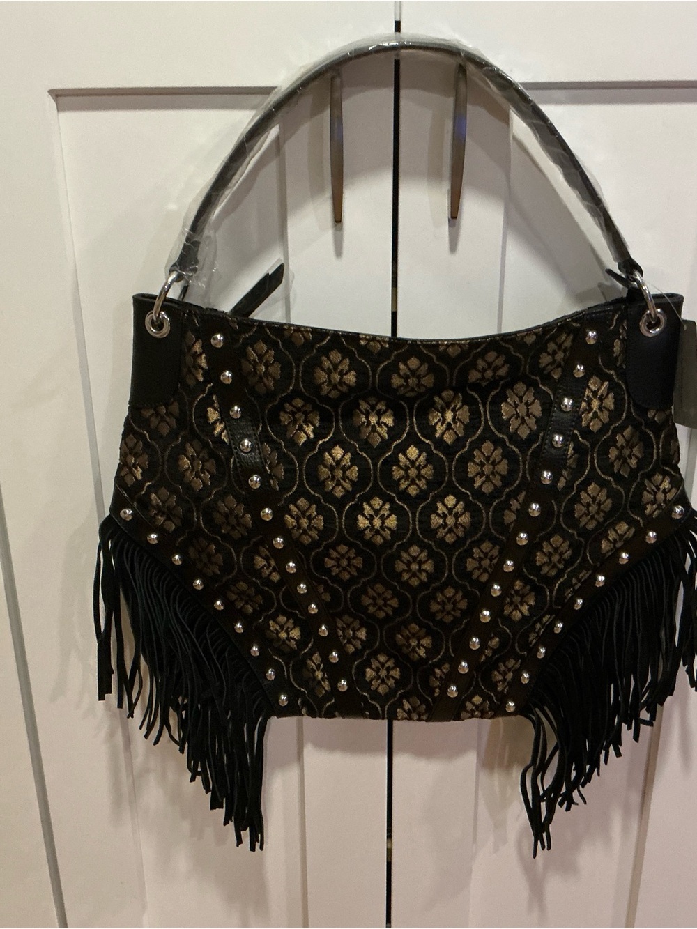 Sharif NY tapestry velvet tassel studs tote purse shoulder bag